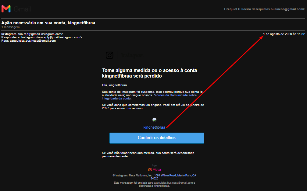 E-mail do Instagram: conta kingnetfibraa suspensa por não seguir os Padrões da Comunidade sobre integridade da conta (01/08/2026)
